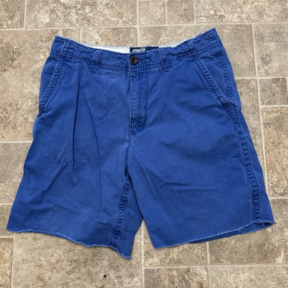 American Eagle Flat-Front Cotton Chino Shorts 34 Blue Classic Cut Off Fray Y2K
